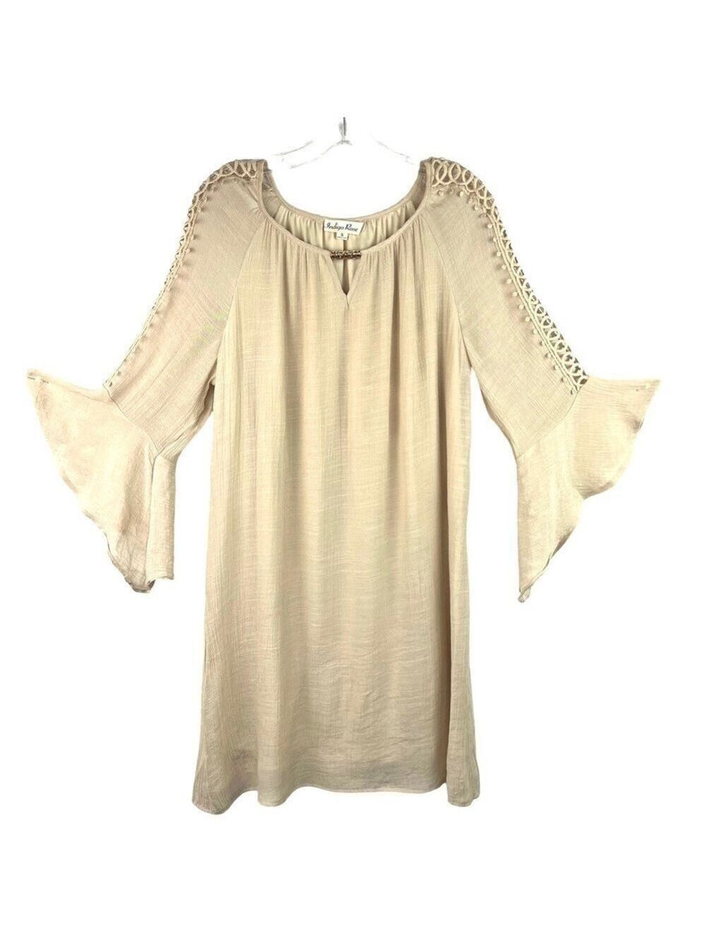 Euc-indigo Rose Boho, Crochet, BellSleeve, Keyhole Front, Fully Lined Midi Dress